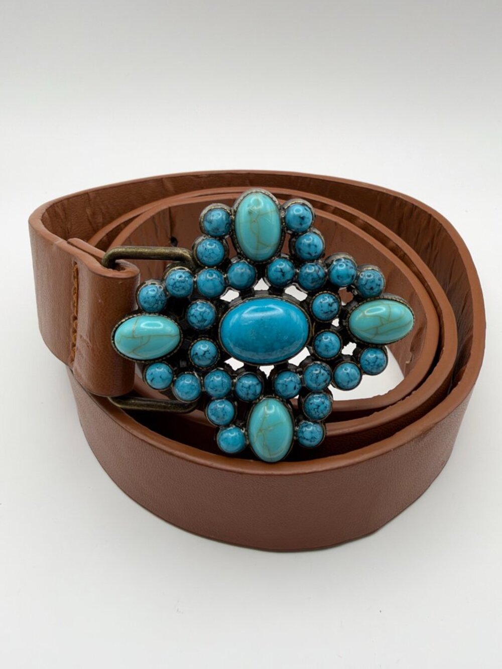 Brown Pressed Leather Belt Turquoise Stone Buckle Western Boho
